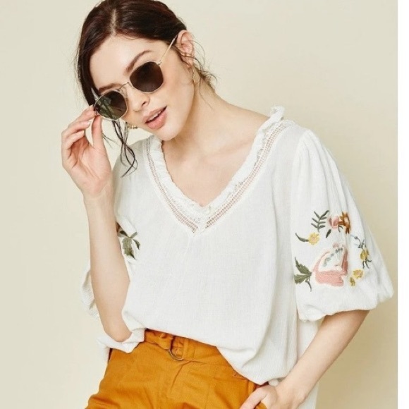 Hayden Tops - Hayden | Embroidered Sleeve White Blouse